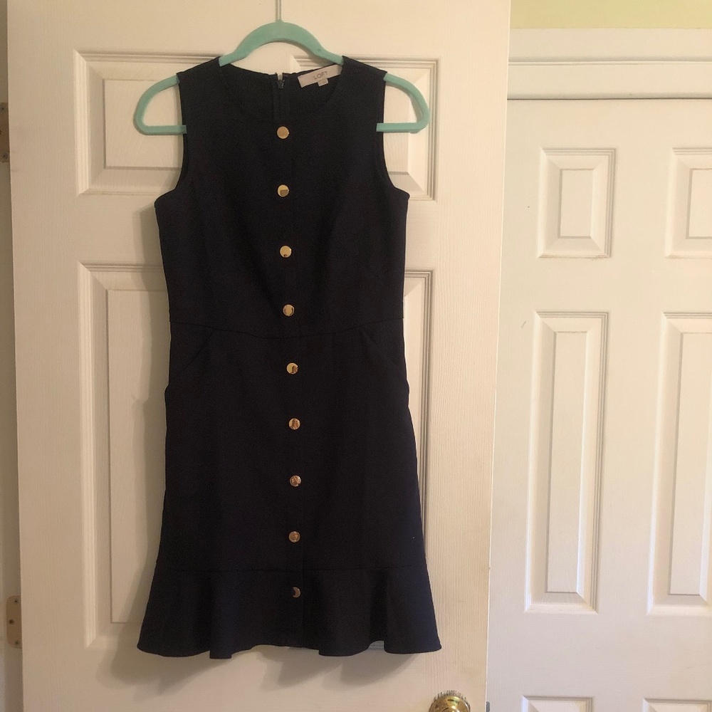 New Loft Navy Fashion Gold Button Ruffled Dress w/ Zipper Closure